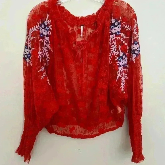 Free People Tops - Free People Jubilee Red Embroidered Top